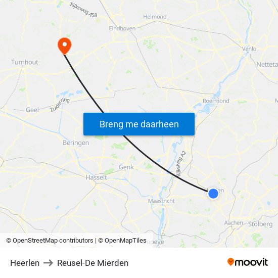 Heerlen to Reusel-De Mierden map