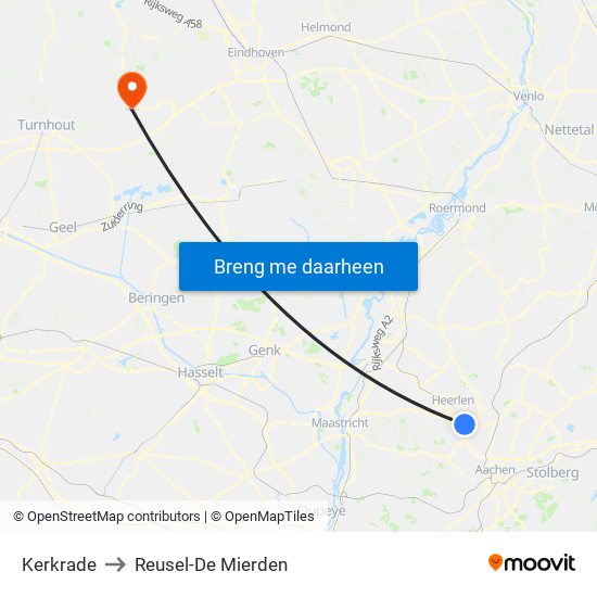 Kerkrade to Reusel-De Mierden map