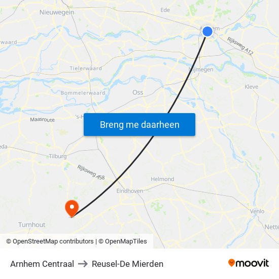 Arnhem Centraal to Reusel-De Mierden map