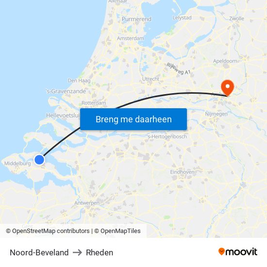 Noord-Beveland to Rheden map