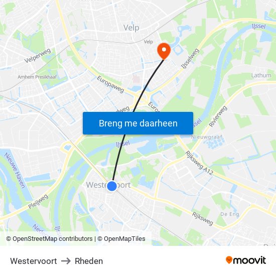 Westervoort to Rheden map