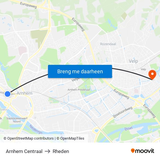 Arnhem Centraal to Rheden map