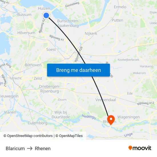 Blaricum to Rhenen map