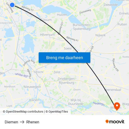 Diemen to Rhenen map