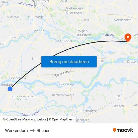 Werkendam to Rhenen map