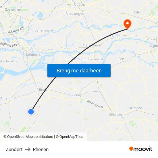 Zundert to Rhenen map