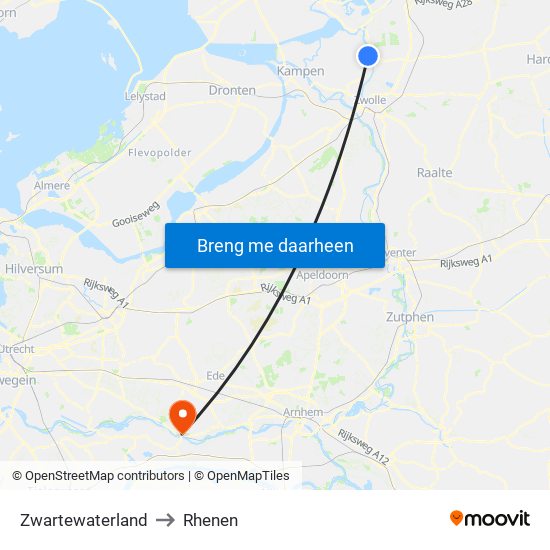 Zwartewaterland to Rhenen map