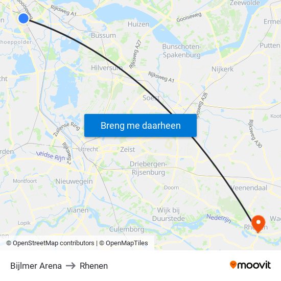 Bijlmer Arena to Rhenen map