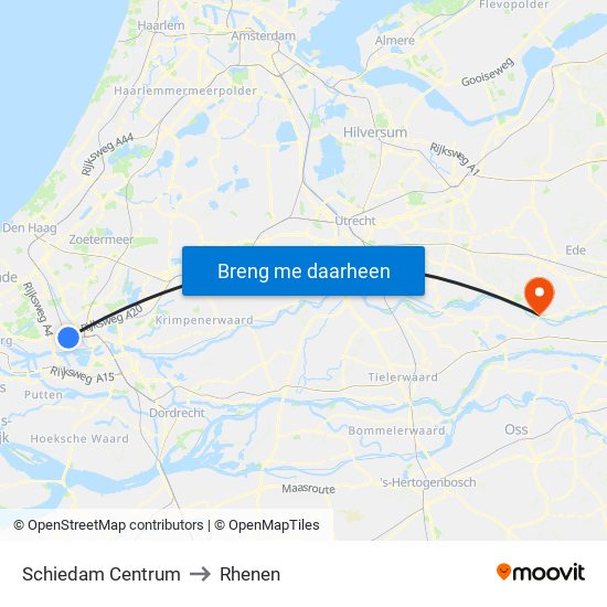 Schiedam Centrum to Rhenen map