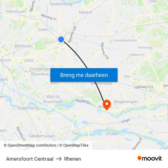 Amersfoort Centraal to Rhenen map