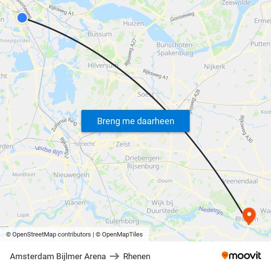 Amsterdam Bijlmer Arena to Rhenen map