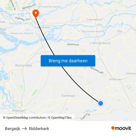 Bergeijk to Ridderkerk map