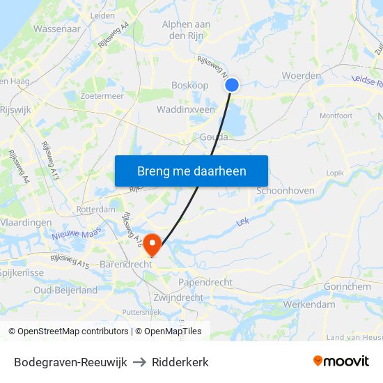 Bodegraven-Reeuwijk to Ridderkerk map