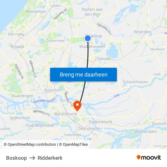 Boskoop to Ridderkerk map