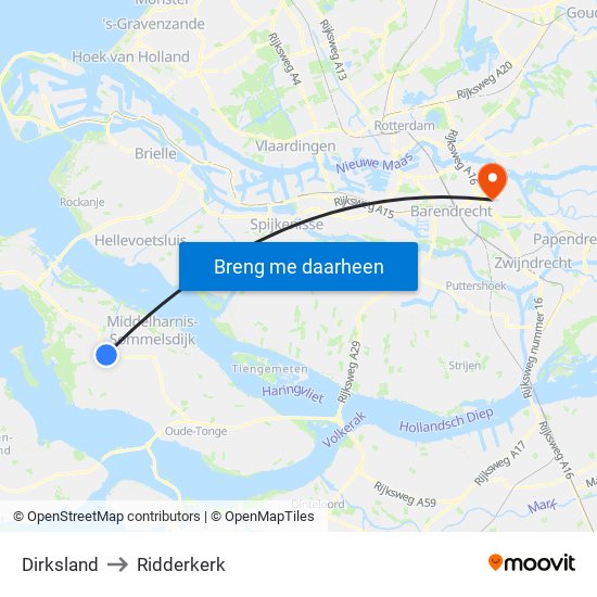 Dirksland to Ridderkerk map