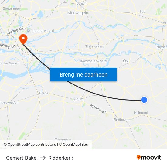 Gemert-Bakel to Ridderkerk map