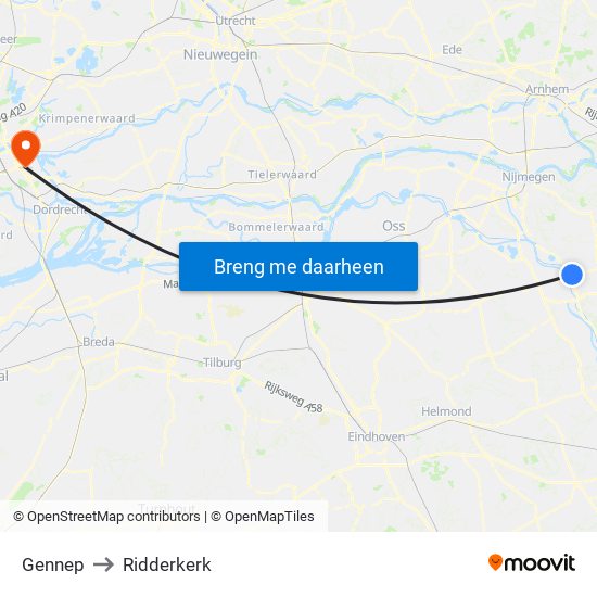 Gennep to Ridderkerk map