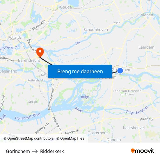 Gorinchem to Ridderkerk map