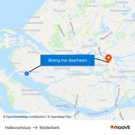 Hellevoetsluis to Ridderkerk map