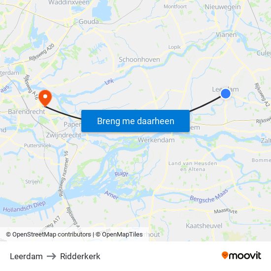 Leerdam to Ridderkerk map