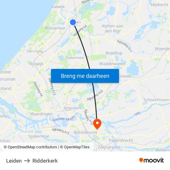 Leiden to Ridderkerk map