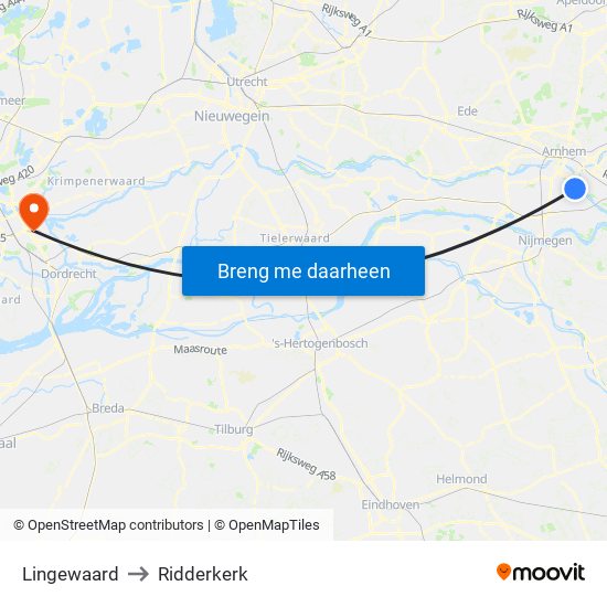 Lingewaard to Ridderkerk map