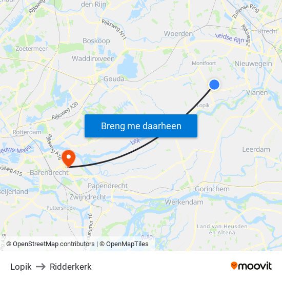 Lopik to Ridderkerk map