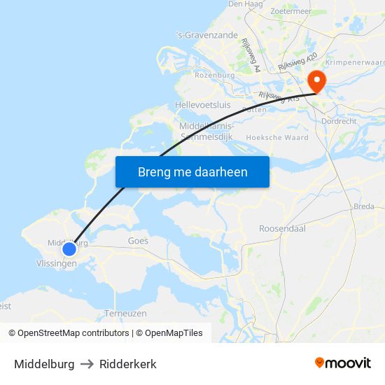 Middelburg to Ridderkerk map