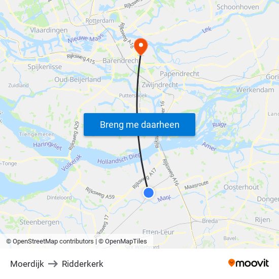 Moerdijk to Ridderkerk map