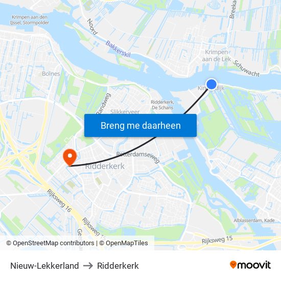 Nieuw-Lekkerland to Ridderkerk map