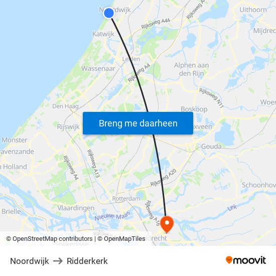 Noordwijk to Ridderkerk map