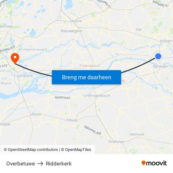 Overbetuwe to Ridderkerk map