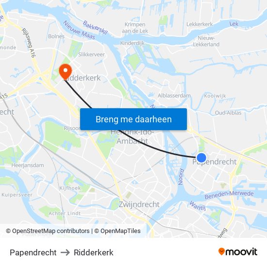 Papendrecht to Ridderkerk map