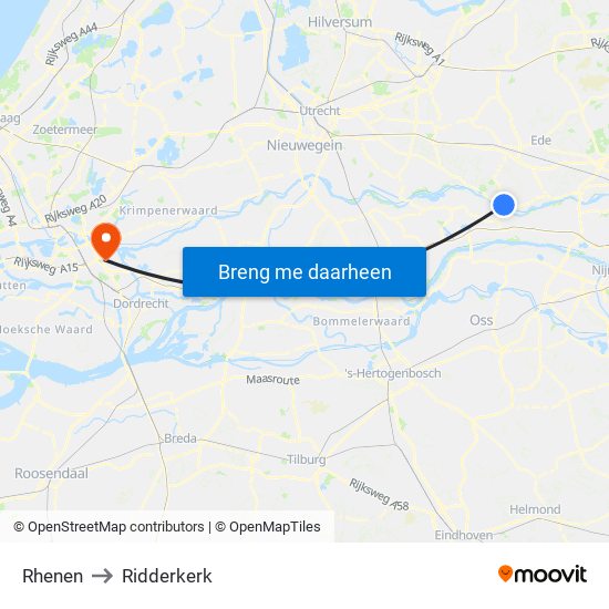Rhenen to Ridderkerk map