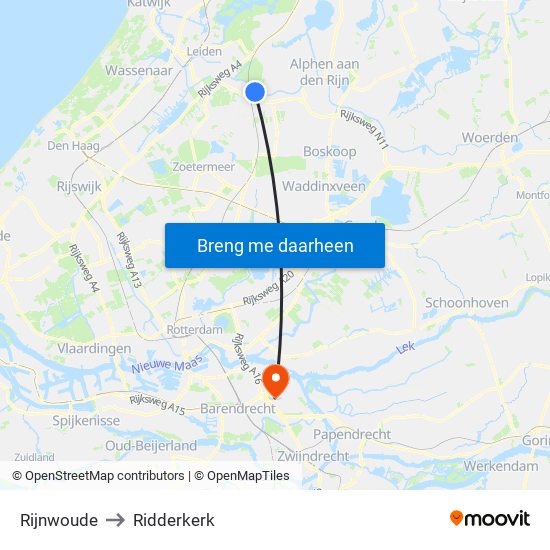 Rijnwoude to Ridderkerk map