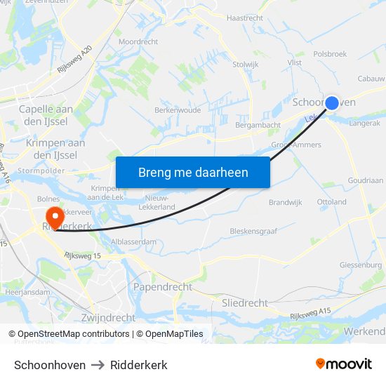 Schoonhoven to Ridderkerk map