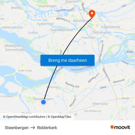 Steenbergen to Ridderkerk map