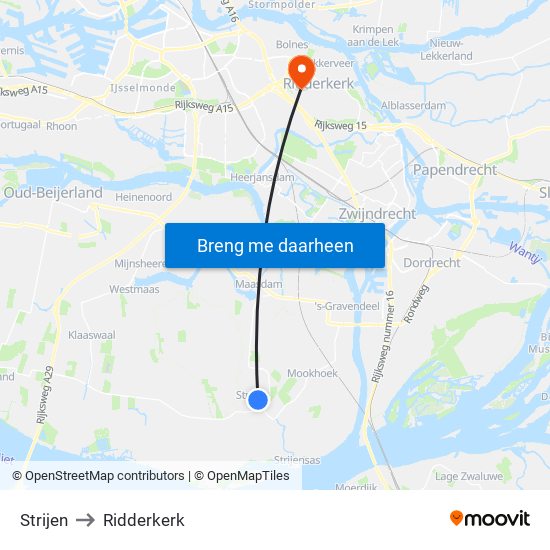 Strijen to Ridderkerk map