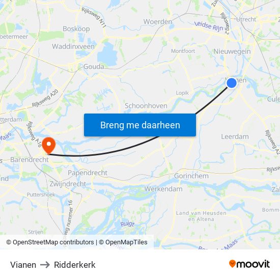 Vianen to Ridderkerk map