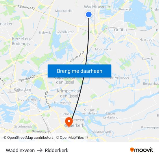 Waddinxveen to Ridderkerk map