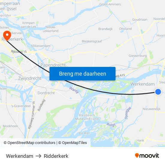 Werkendam to Ridderkerk map