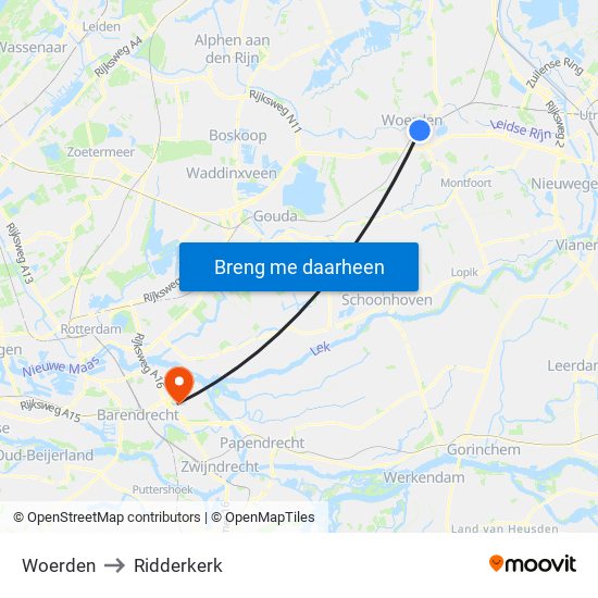 Woerden to Ridderkerk map