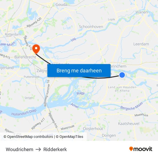 Woudrichem to Ridderkerk map
