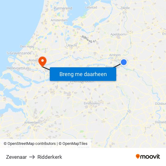 Zevenaar to Ridderkerk map