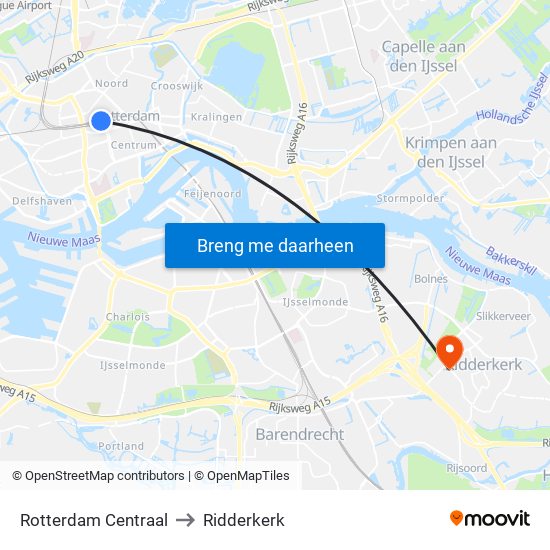 Rotterdam Centraal to Ridderkerk map