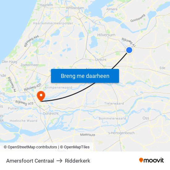 Amersfoort Centraal to Ridderkerk map