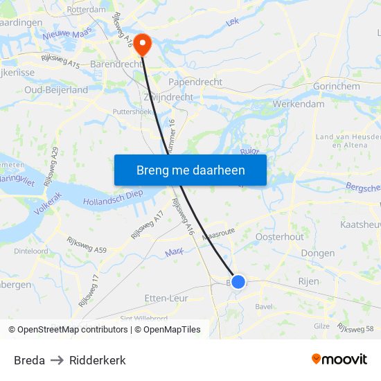 Breda to Ridderkerk map