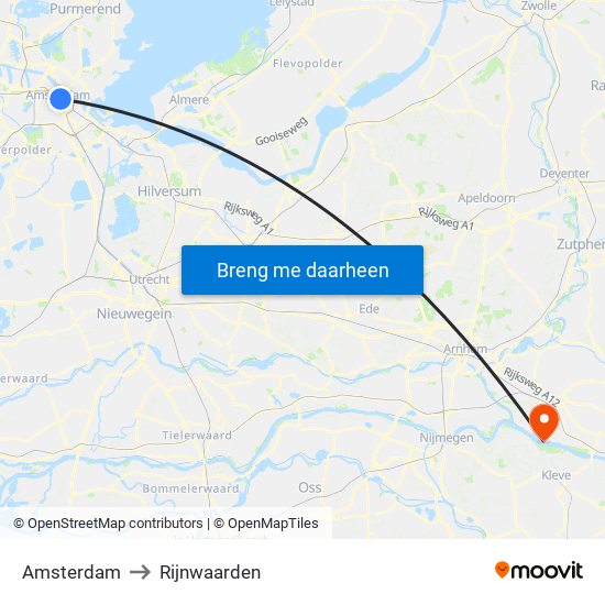Amsterdam to Rijnwaarden map