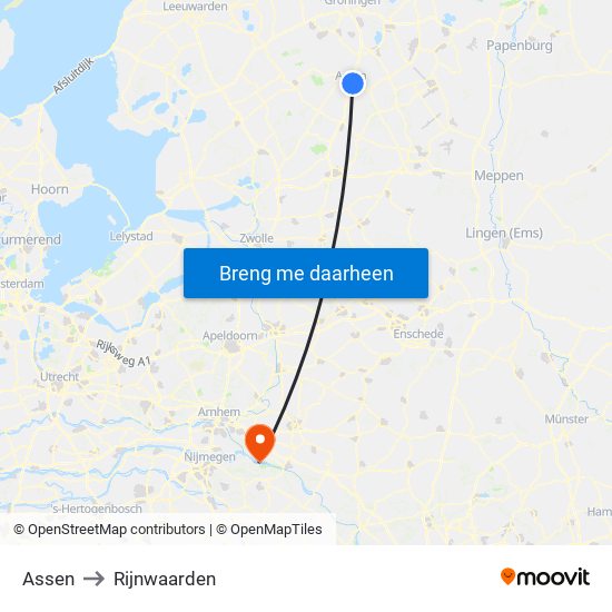 Assen to Rijnwaarden map