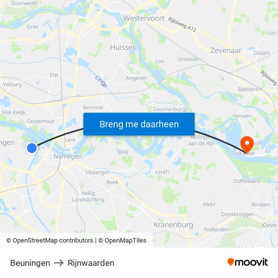 Beuningen to Rijnwaarden map